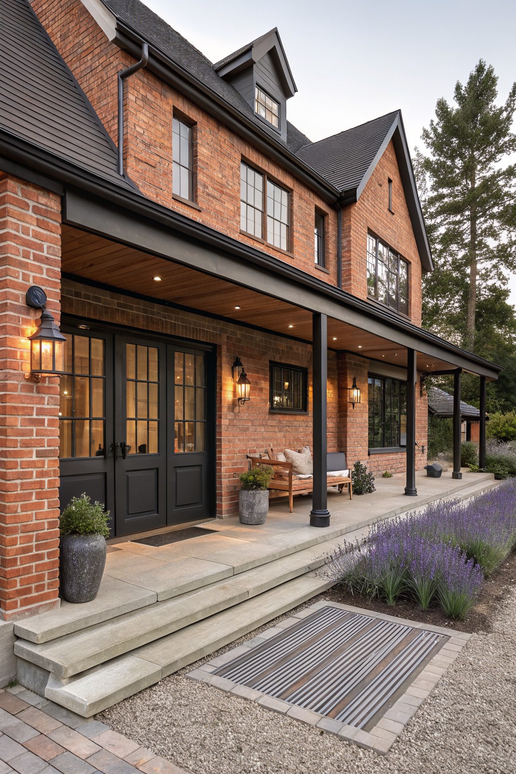 Side exterior view of a two-story red brick house with black-framed windows and doors, a covered porch supported by black columns, wooden ceiling, entry steps, potted plants, bench, and lavender border.