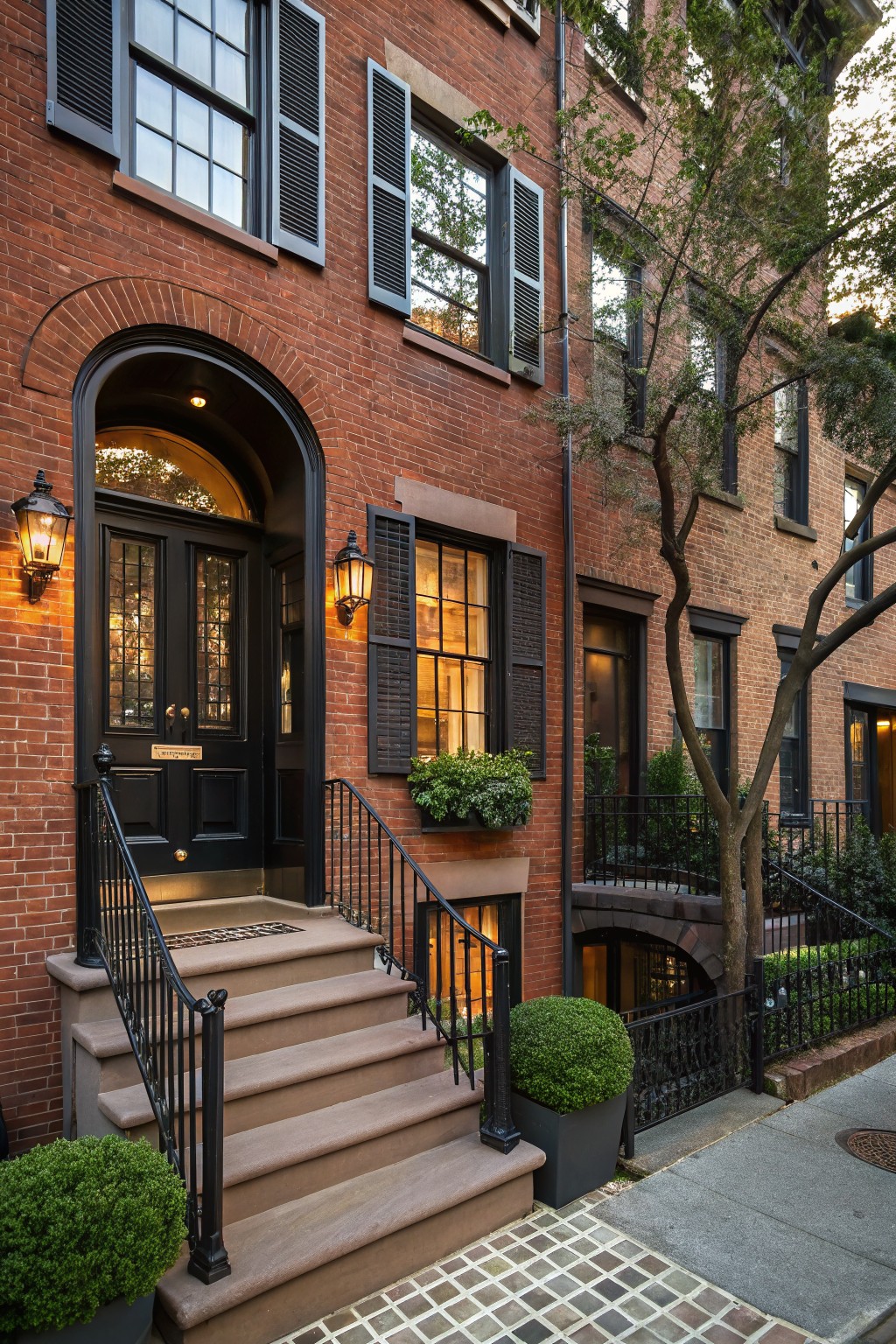Red brick townhouse exterior with black windows and double doors under an arched entryway, flanked by lanterns, a stone stoop with black wrought iron railings, potted shrubs, and adjacent buildings on a tree-lined street.