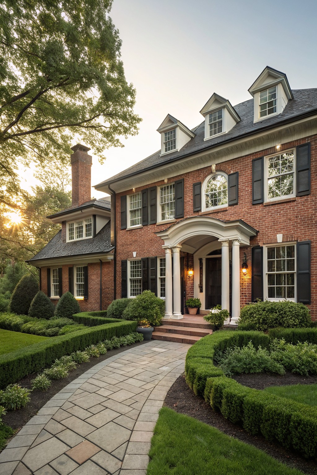 Two-story red brick house exterior with black shutters and windows, white columned portico at the entrance, stone pathway leading to steps, boxwood hedges, and lawn at dusk.