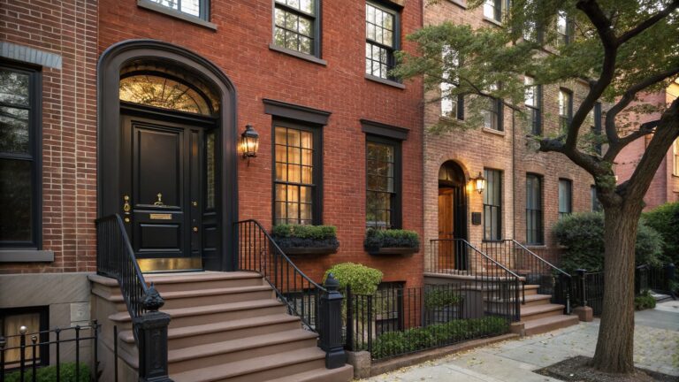 Red brick townhouse exterior with black windows and double doors under an arched entryway, flanked by lanterns, a stone stoop with black wrought iron railings, potted shrubs, and adjacent buildings on a tree-lined street.