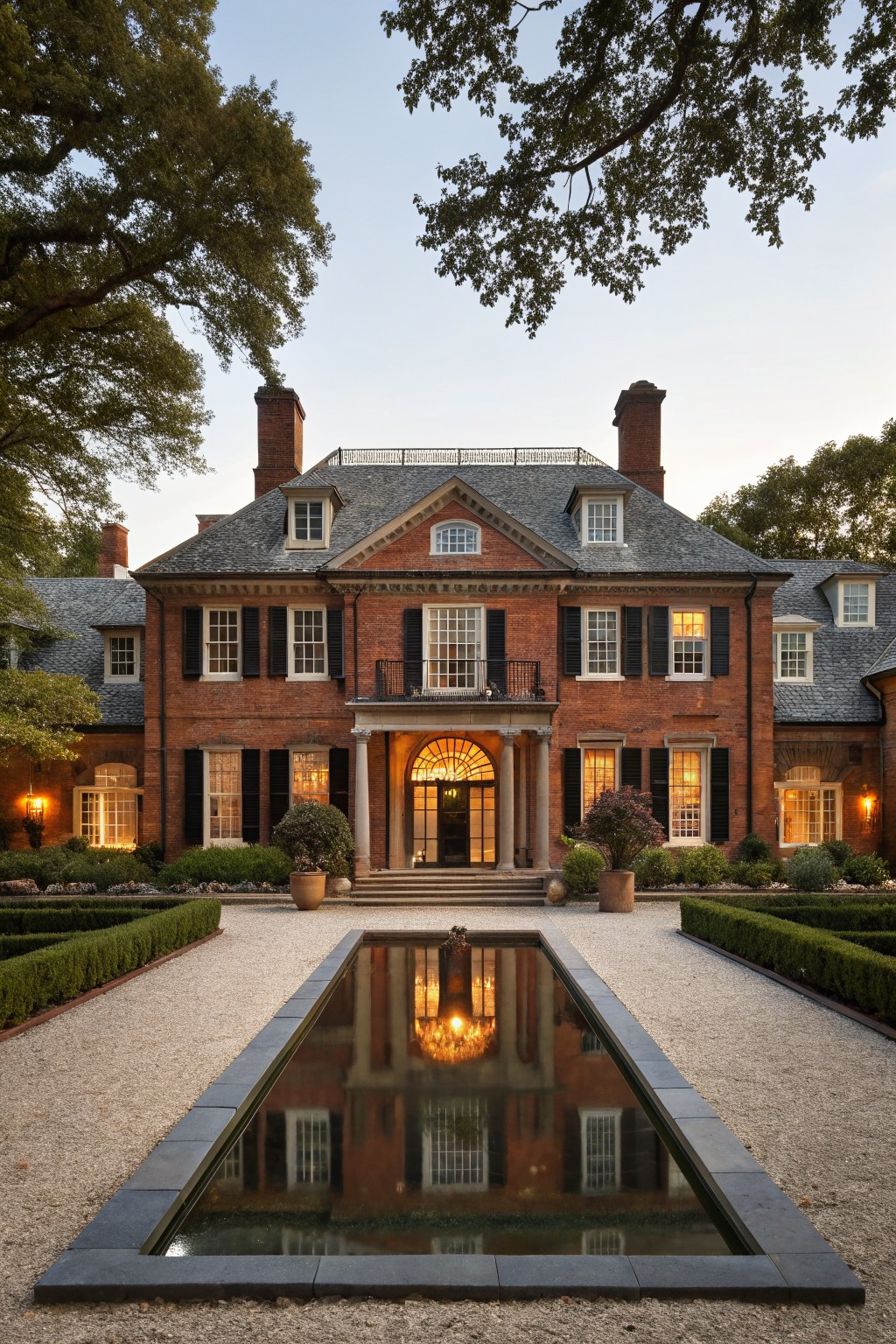 Red brick symmetric house exterior with black shutters and windows, slate roof, central portico entry, large trees, boxwood hedges, and rectangular reflecting pool in foreground at dusk.