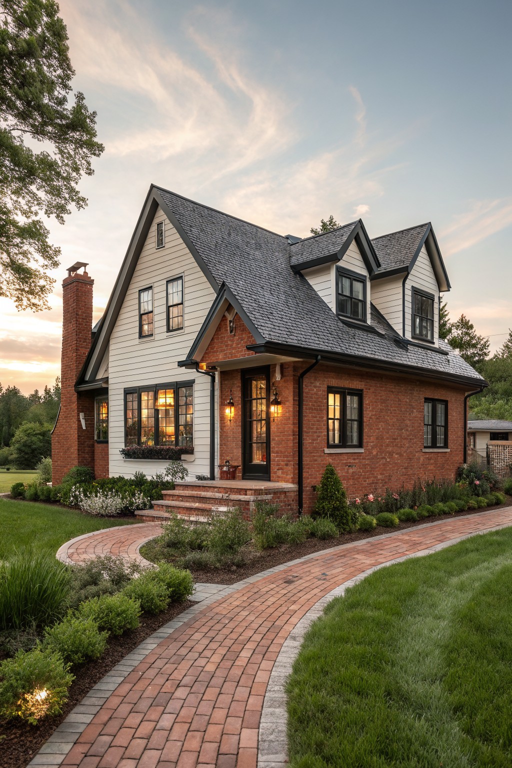Two-story house exterior with white clapboard siding, red brick chimney and entry wing, black-framed windows, gabled dark shingle roof, front steps, and curved brick pathway surrounded by lawn and shrubs at dusk.
