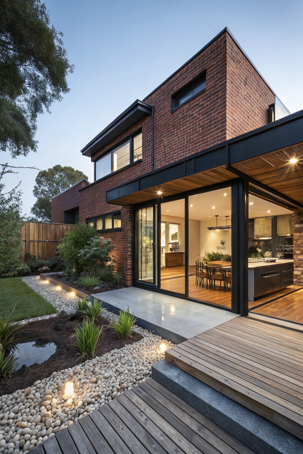 Corner view of a two-story red brick house at dusk with black-framed windows and sliding glass doors opening to an indoor kitchen and dining area, wooden deck platform, pebble garden beds, and path lighting.