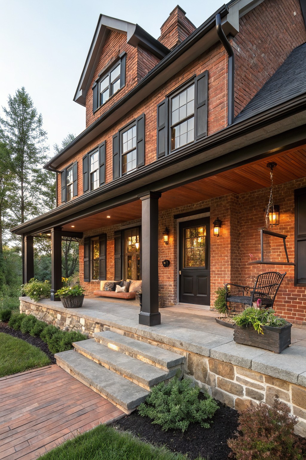 Two-story red brick house with black window frames and shutters, covered front porch with posts, stone steps, potted plants, and landscaping.