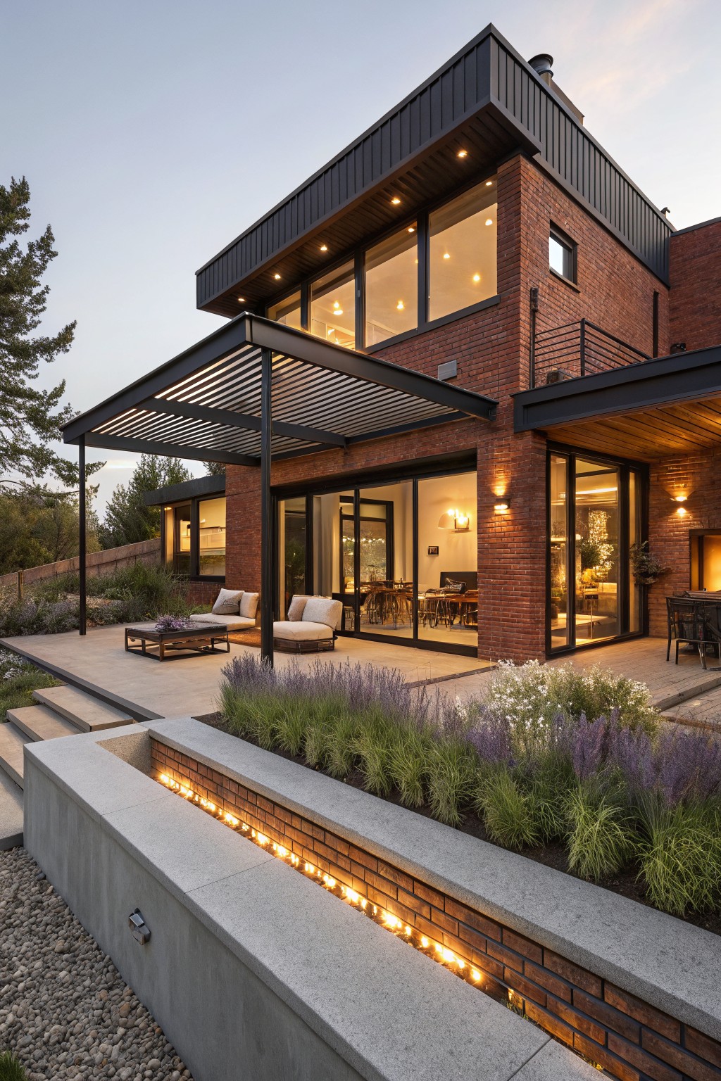 Rear exterior of a two-story red brick house with black metal window frames, large sliding glass doors, black slatted pergola over a concrete patio with lounge seating, surrounded by plants and a linear fire feature in a concrete wall.