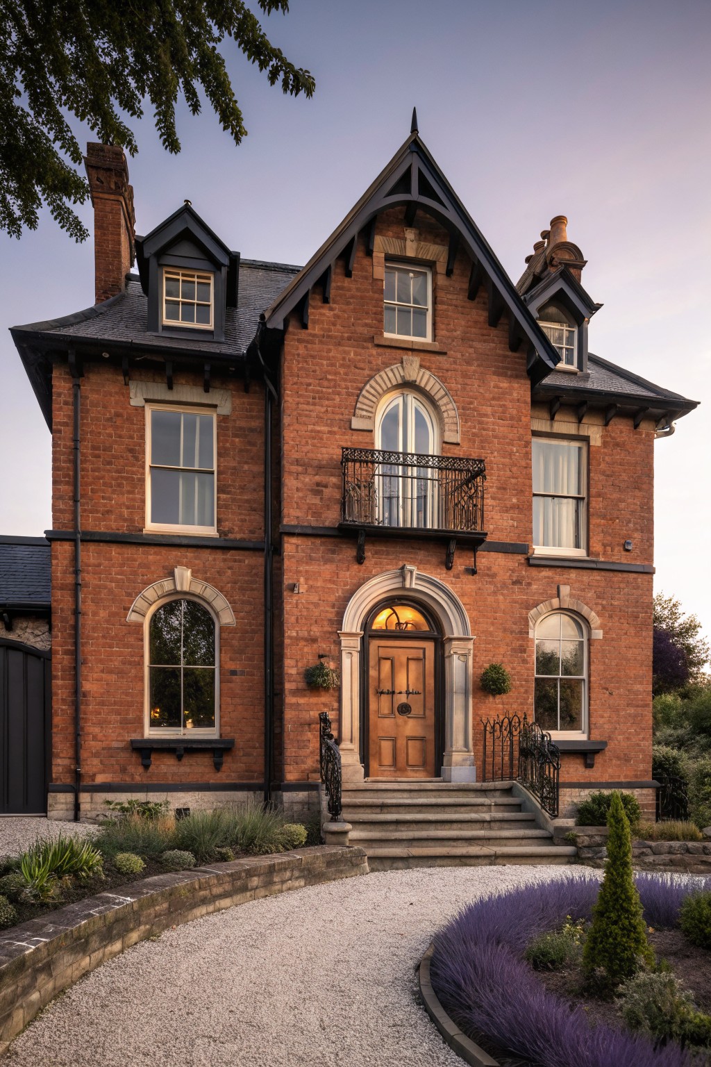 Two-story red brick house with black window frames, dark slate gabled roof, wrought iron balcony, arched wooden front door with sidelights, and curved gravel driveway edged by lavender plants and low shrubs.