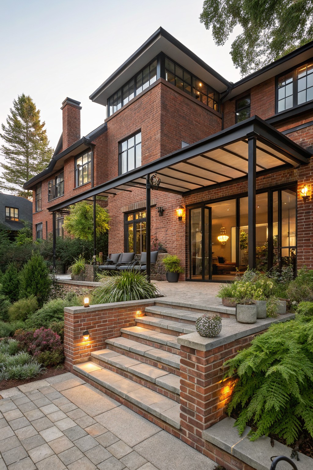 Rear exterior of a multi-story red brick house with black-framed windows and doors, black steel canopy over a terrace with lounge seating, lit steps descending to a stone path amid landscaped plantings.