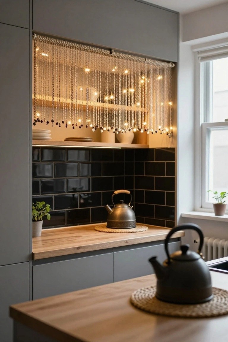 Modern kitchen with gray cabinets, open wooden shelves holding plates and ceramics behind dangling beaded string lights, black subway tile backsplash, wooden countertop with two kettles on woven mats, plants, and a window nearby.