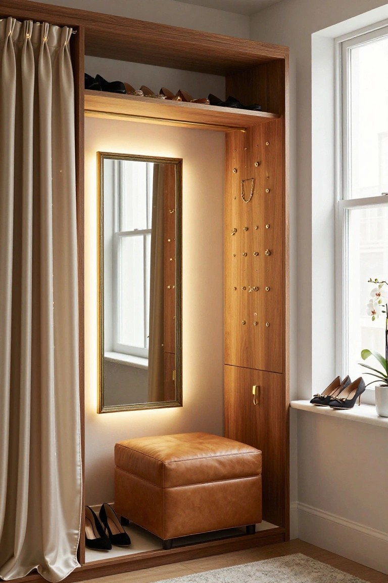 Wooden built-in closet partially enclosed by beige curtain, featuring shoe shelves, jewelry hooks on wood panel, backlit gold-framed mirror, tan leather bench, black heels on floor, and high heels on nearby windowsill.