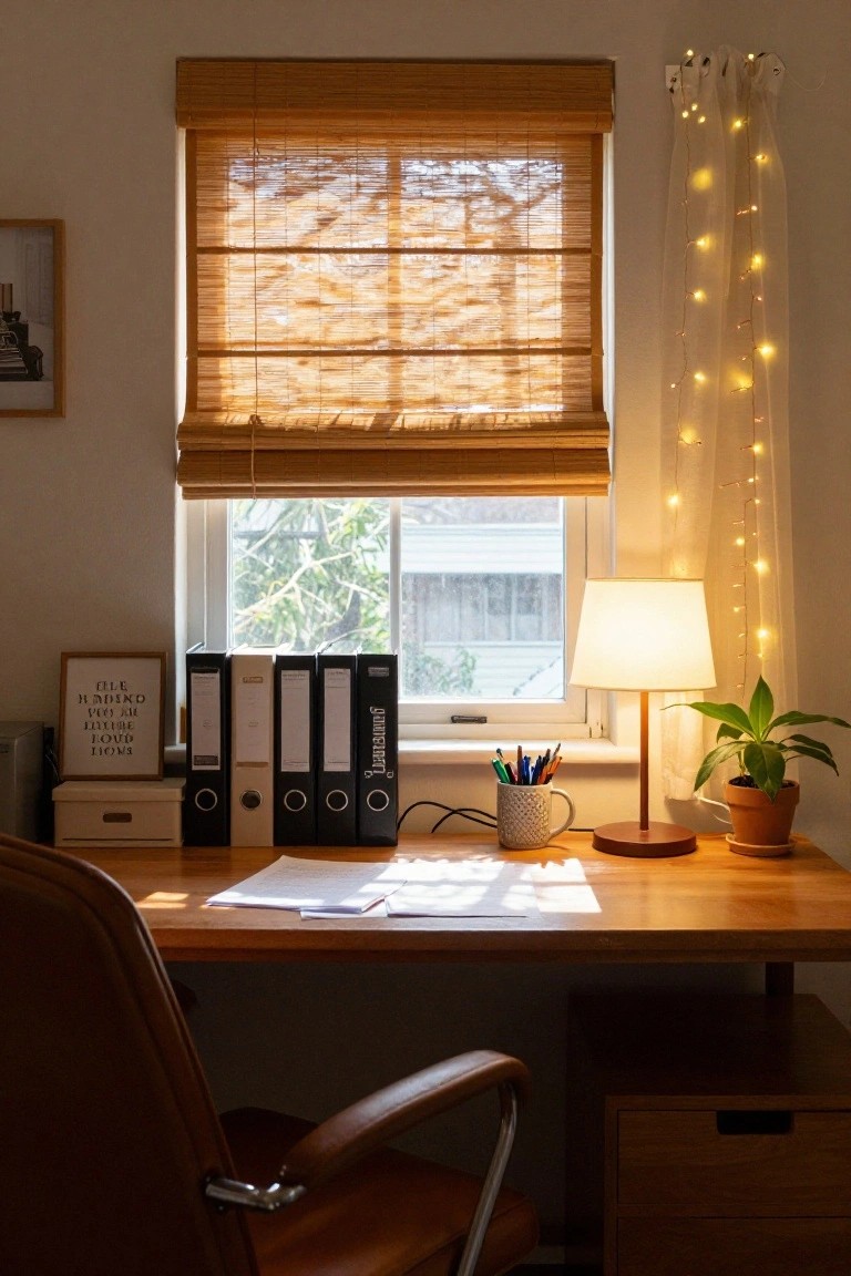 Home office with wooden desk, office chair, desk lamp, potted plant, file folders, and vertical string lights hanging beside bamboo window blinds.
