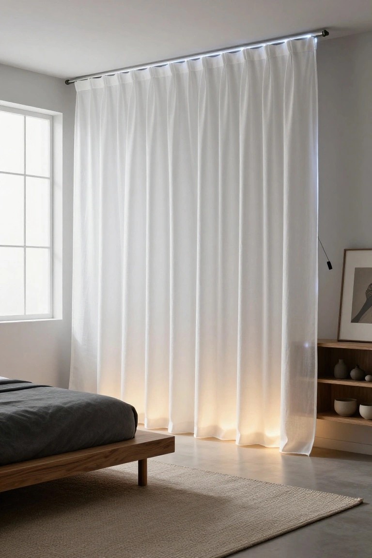 Bedroom with sheer white curtains on a ceiling-mounted track featuring integrated LED lights creating a soft glow, low wooden platform bed with gray bedding, wooden shelf holding ceramics, and a large window.