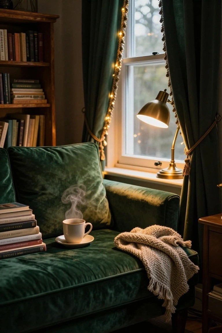 Interior view of a green velvet sofa in a cozy room with bookshelves, a stack of books, white teacup with steam, cream-colored throw blanket, gold arched lamp, and emerald curtains strung with small white Christmas lights next to a window.