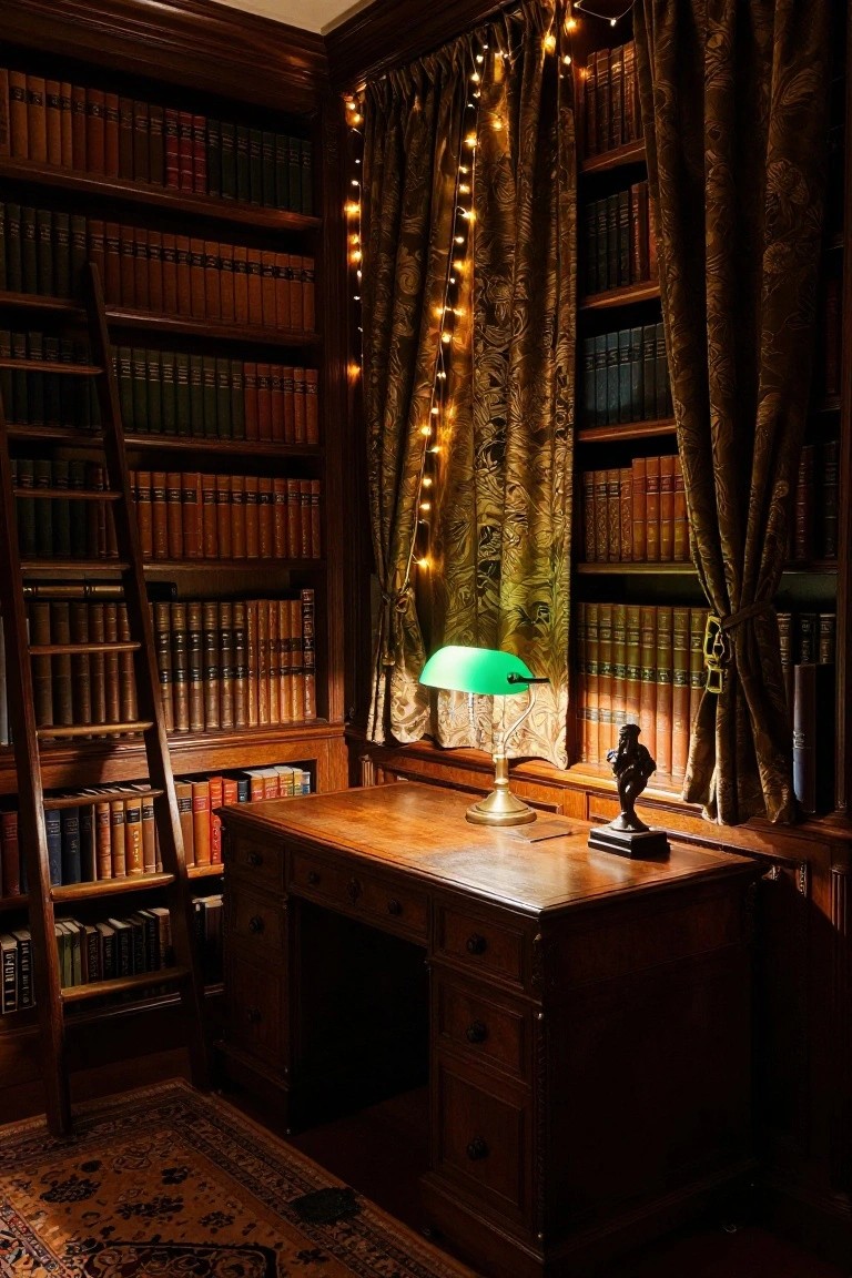 Wood-paneled library room with tall bookshelves, rolling ladder, wooden desk, green banker's lamp, bronze statue on shelf, patterned curtains with draped string lights, and oriental rug on floor.