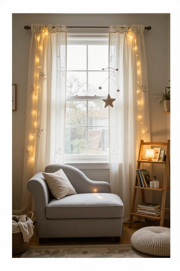 Cozy indoor window with sheer white curtains embroidered with leaves and stars, draped with warm string lights, next to a gray curved armchair, wooden ladder shelf with books and lamp, basket, and pouf on wood floor.