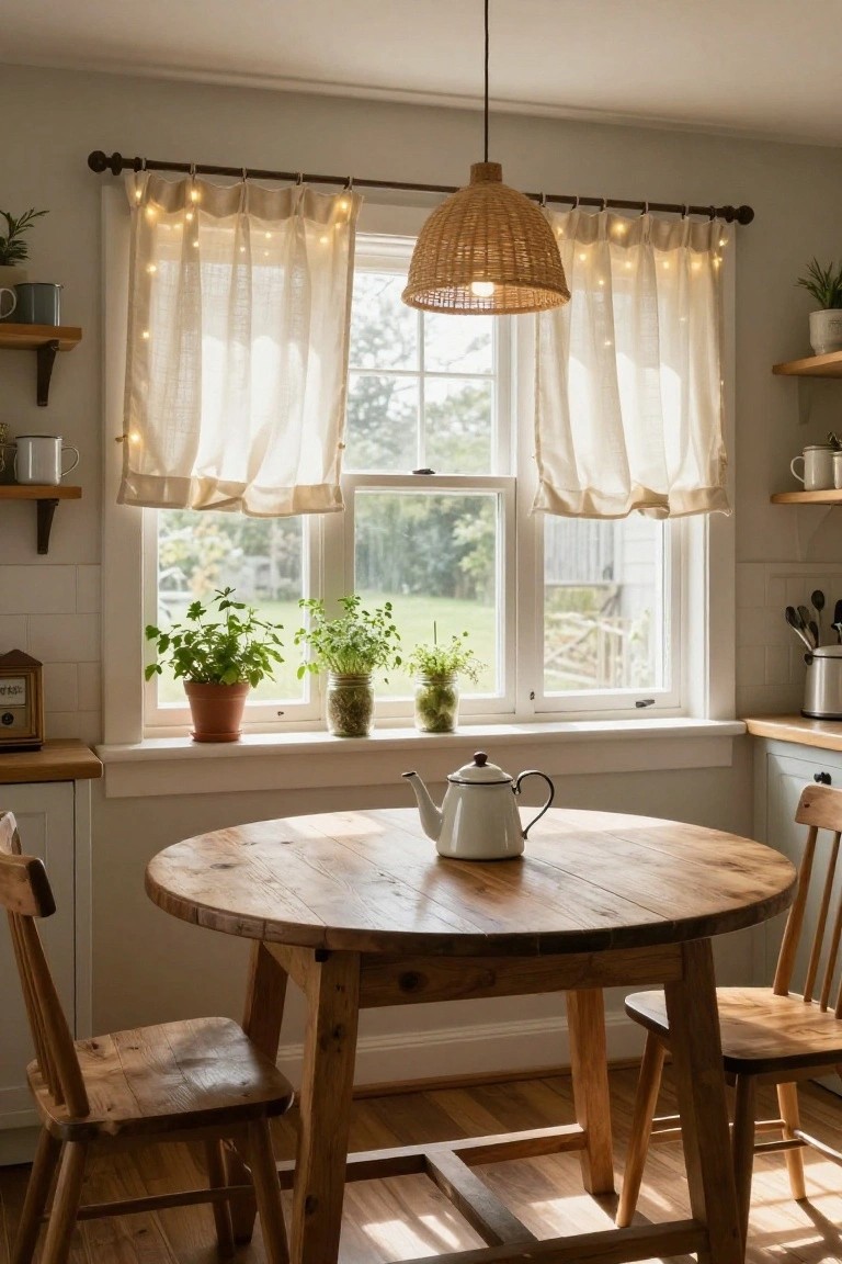 Cozy kitchen interior featuring sheer white curtains with fairy lights strung along the top over a large window with potted herbs on the sill, a round wooden table with chairs, white teapot, rattan pendant lamp, and wooden cabinets.
