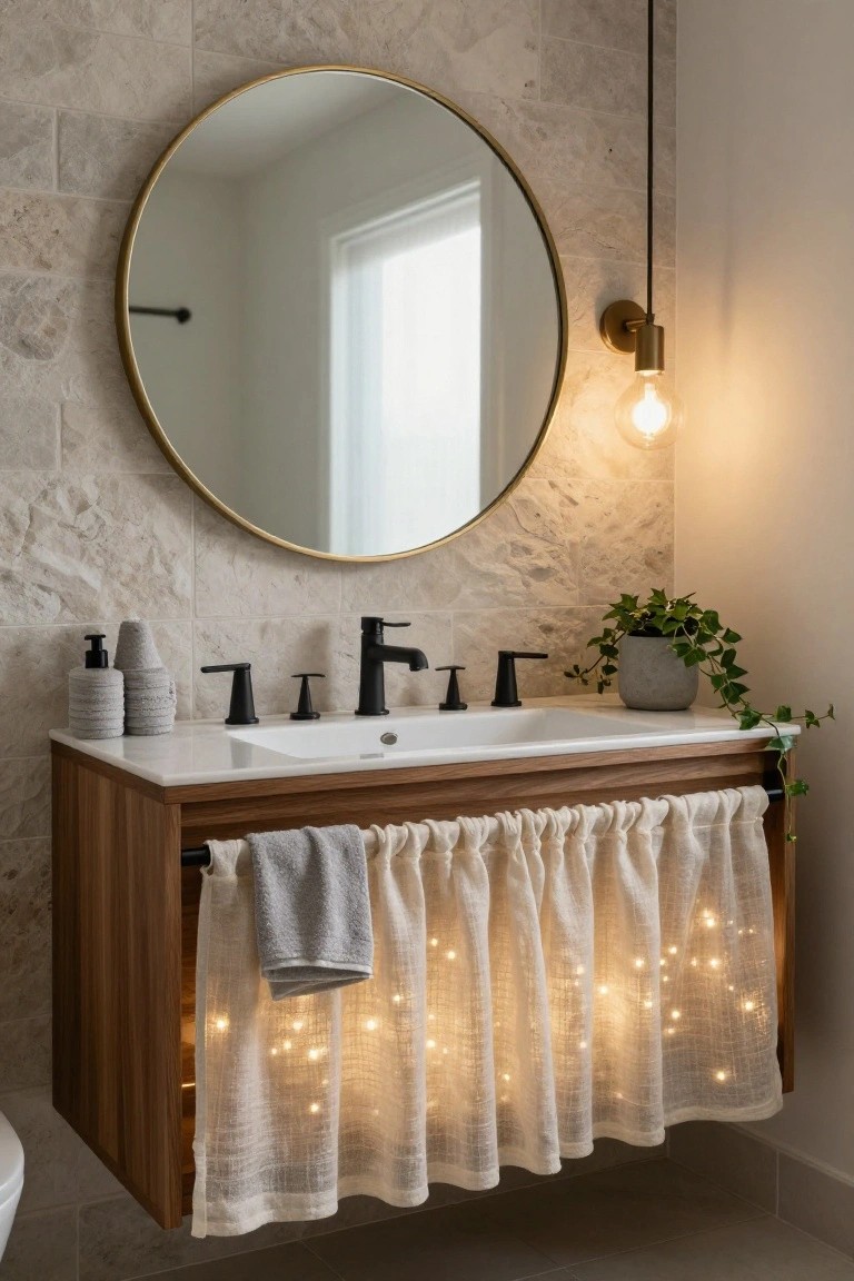 Bathroom vanity with wooden cabinet, white sheer curtain skirt illuminated by fairy lights underneath, round brass mirror, black faucet, potted ivy plant, and beige stone tile walls.