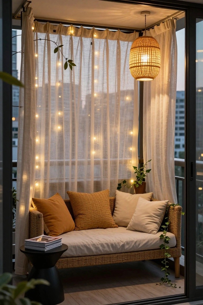 Balcony seating area enclosed by sheer white curtains strung with fairy lights, with a rattan sofa piled with orange and cream pillows, black side table, woven hanging lantern, potted plants, and glass doors opening to a city view.