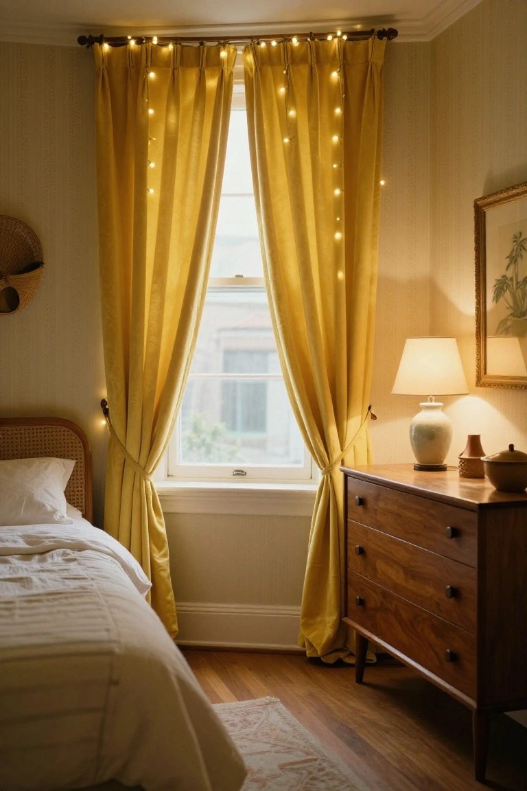 Bedroom corner with long mustard yellow curtains strung with fairy lights, rattan headboard bed with white sheets, wooden dresser holding a white lamp and vase, on hardwood floor with rug.