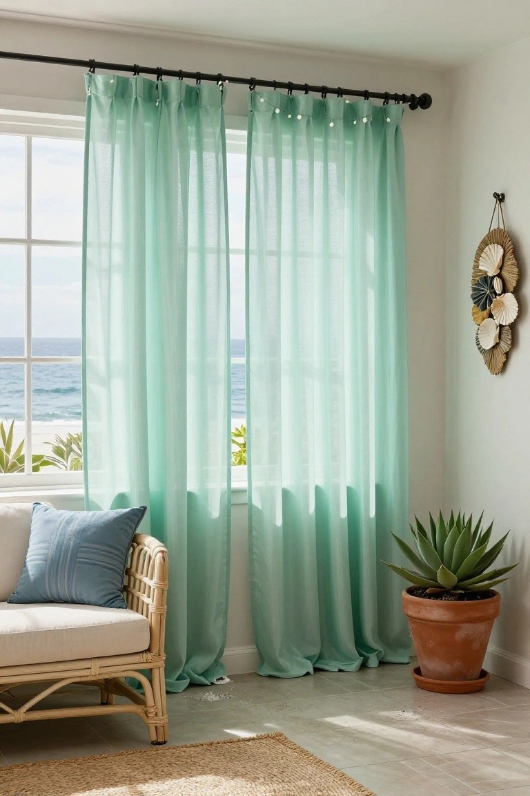 Corner of a light room with seafoam green sheer curtains on a black rod over a window showing ocean and beach, small white fairy lights threaded through curtain grommets, rattan chair with blue pillow, agave plant in terracotta pot, shell wall art, and seagrass rug on tiled floor.