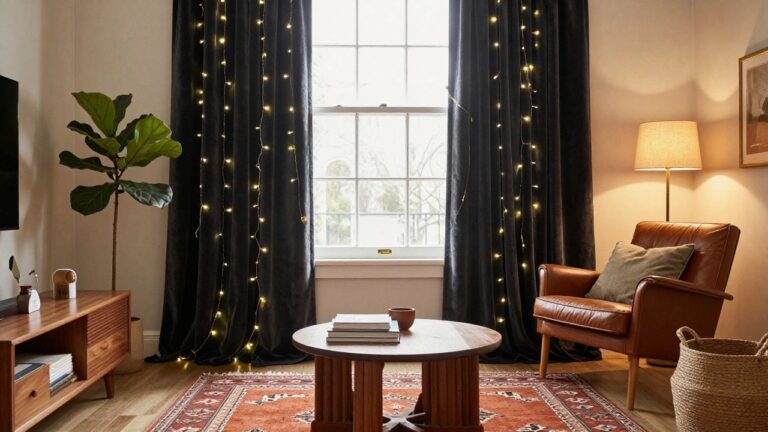 25 Stunning Curtain Christmas Light Ideas That Add Drama and Texture Living room window draped in dark gray velvet curtains with fairy lights strung along the fabric, next to a leather armchair, wooden coffee table stacked with books, potted fiddle leaf fig plant, and patterned rug on hardwood floor.