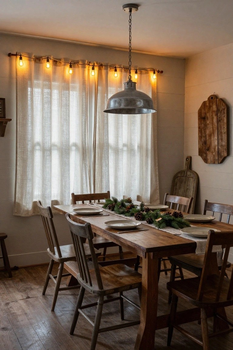 Cozy dining room with wooden table topped by pine garland centerpiece and white plates, wooden chairs around it, sheer curtains with string lights along the rod, metal pendant lamp overhead, and wooden cutting board on wall.