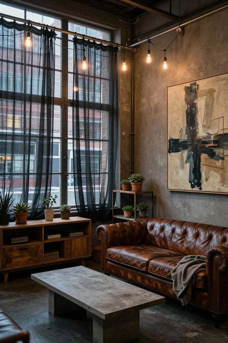 Industrial interior room with large factory-style windows draped in sheer black curtains, string lights with exposed bulbs hanging from overhead pipes, brown leather tufted sofa, wooden furniture, potted plants, and a large abstract painting on a textured wall.