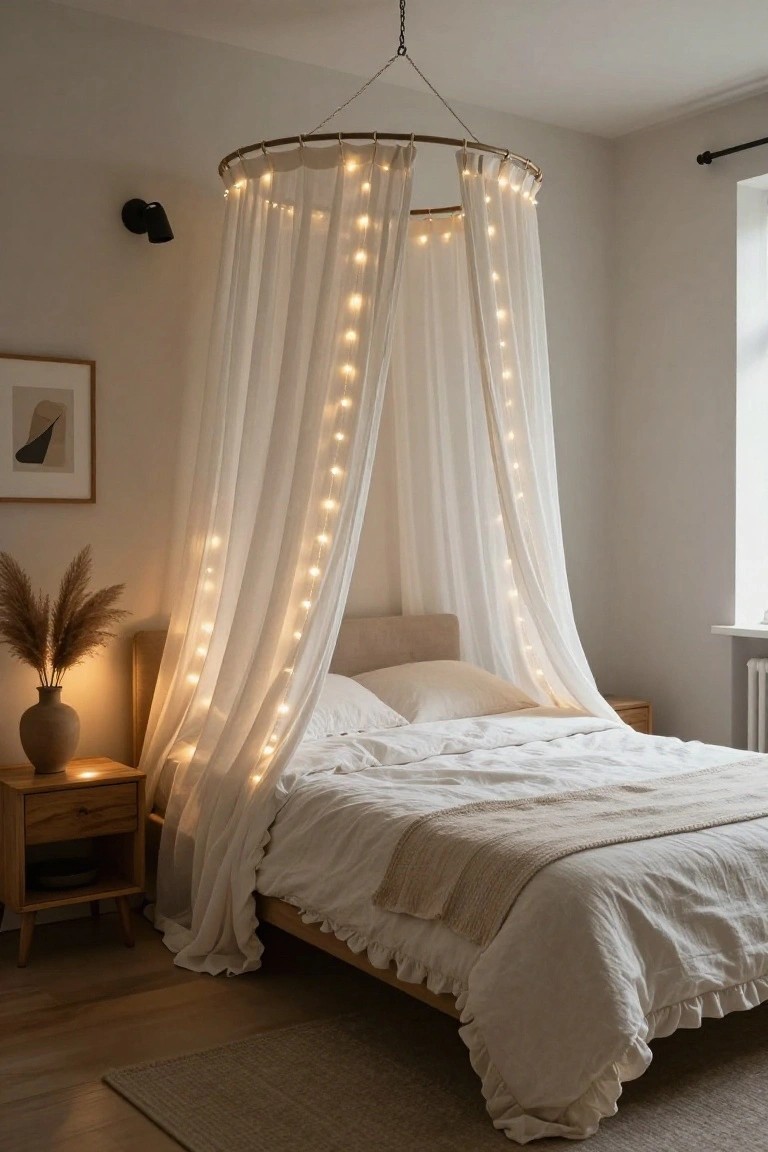 Bedroom with white bed under a sheer white curtain canopy draped from a ceiling hoop strung with warm white fairy lights, beside wooden nightstand and potted pampas grass.