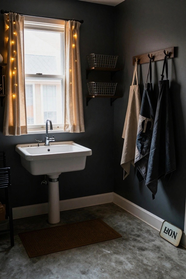 Gray utility room with white farmhouse sink under a window framed by sheer curtains strung with warm fairy lights, hanging aprons on hooks, wire baskets on shelves, and a brown floor mat.