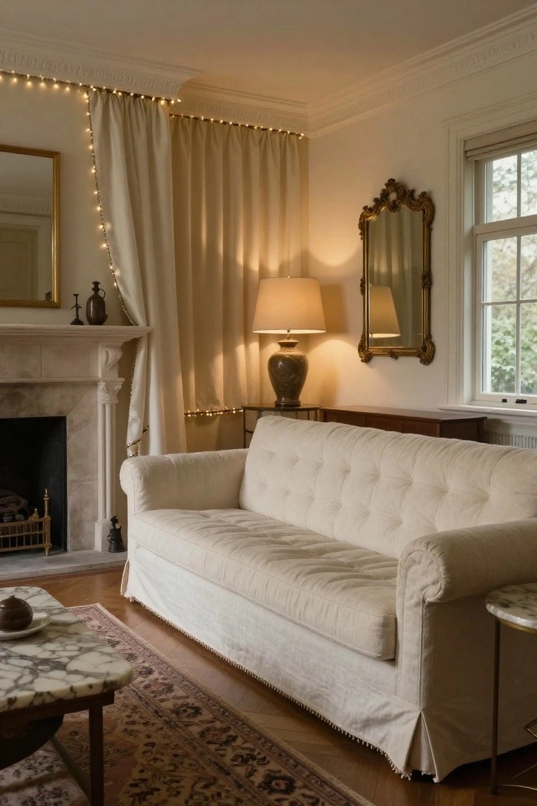 Cozy living room corner with cream tufted sofa near marble fireplace, beige curtains strung with fairy lights along the top edge, gilded mirrors, lamp on side table, and Persian rug on wood floors.