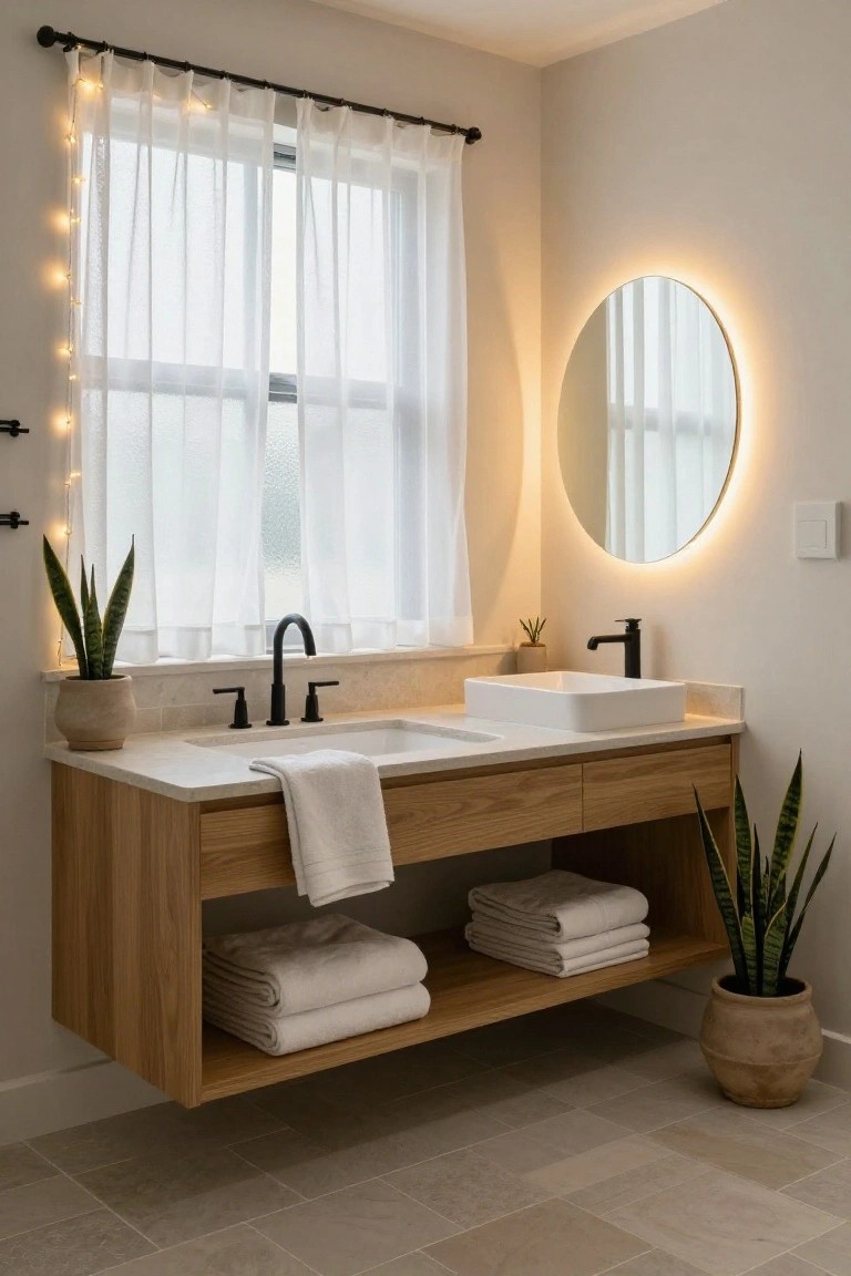 Contemporary bathroom with floating oak vanity, white rectangular sink, black faucet, round backlit mirror, sheer white curtains on window draped with string lights, potted snake plants, and stacked white towels on open shelves.