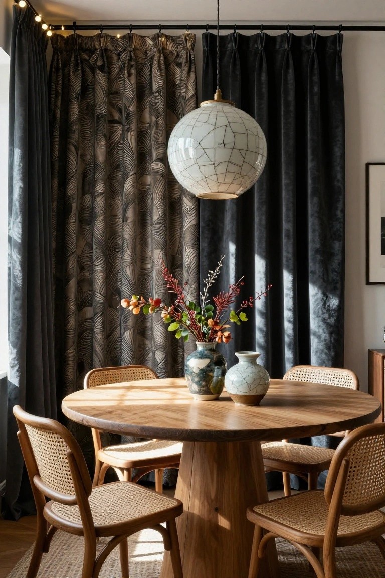 Sunlit dining room with round wooden pedestal table, four rattan chairs, two ceramic vases holding autumn branches, large white crackle-glaze pendant light hanging above, dark palm-patterned curtains, and small string lights along the curtain rod at top left.