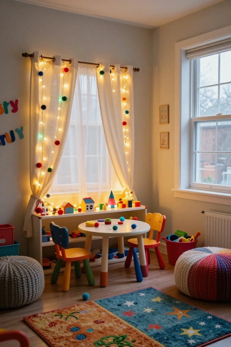 Cozy children's playroom corner with sheer white curtains draped along a wooden rod with multicolored pom-pom fairy lights, small round table with chairs, wooden toys on shelves, colorful rugs, and knit poufs on wooden floor.