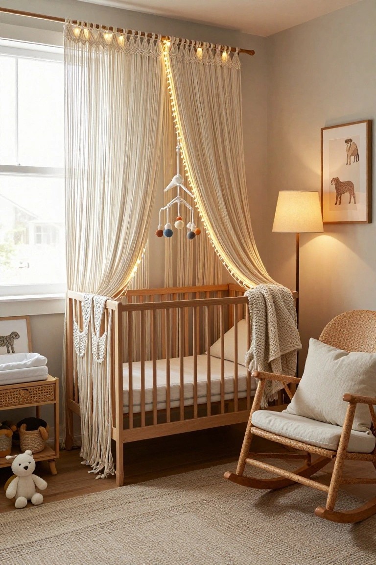 A nursery room with a wooden crib under draped white macramé curtains edged with fairy lights, next to a rattan rocking chair, changing table, and stuffed animals on a beige rug.