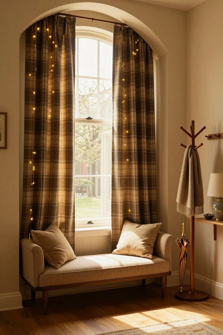 Arched interior window with plaid curtains strung with fairy lights, flanked by a cushioned window seat, wooden coat rack holding a scarf and umbrella stand, and a small side table.