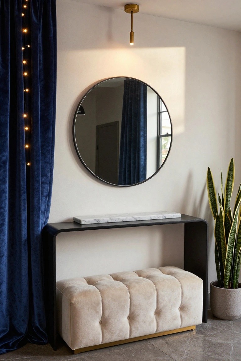 Interior room corner with deep blue velvet curtains strung with fairy lights, a large round black-framed mirror, black console table topped with white marble tray, cream tufted ottoman, potted snake plant, brass pendant light, and terrazzo floor.