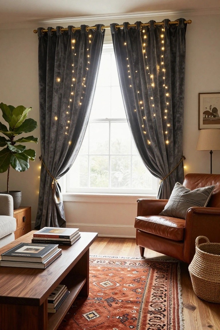 Living room window draped in dark gray velvet curtains with fairy lights strung along the fabric, next to a leather armchair, wooden coffee table stacked with books, potted fiddle leaf fig plant, and patterned rug on hardwood floor.