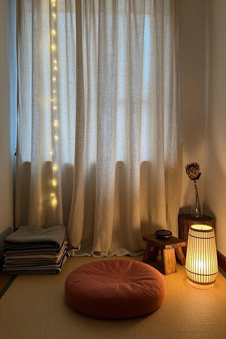 Cozy indoor corner with sheer white curtains strung vertically with small white fairy lights, red floor cushion on tatami mat, wooden stool holding incense bowl, tall bamboo lamp lit up, dried protea flower in glass vase, and stack of folded blankets nearby.