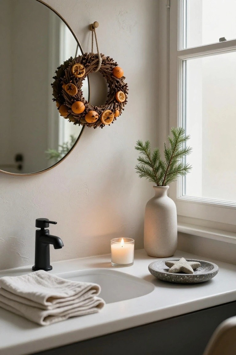 Bathroom vanity area featuring a round gold mirror, dried orange and pinecone wreath hanging nearby, black faucet over white sink with stacked beige towels, lit white candle, beige vase with green pine branches, and stone dish holding a star-shaped ornament next to a window.