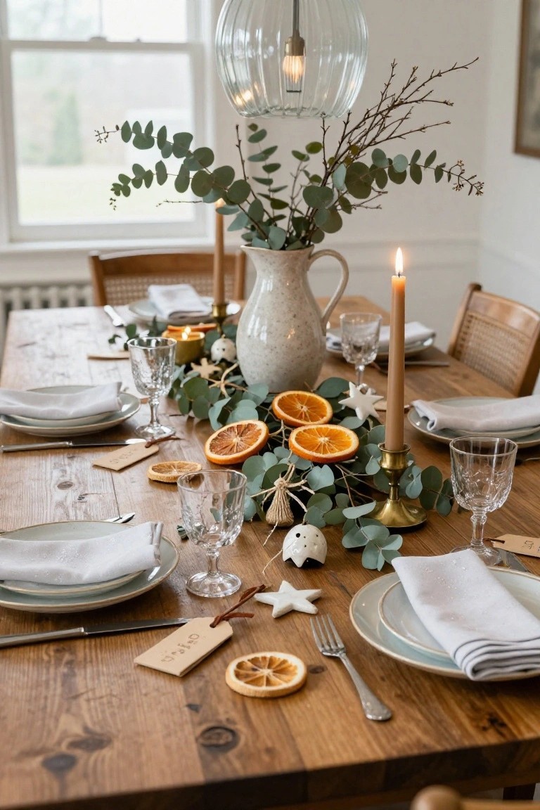 Wooden dining table set for Christmas dinner with a central garland of eucalyptus branches and dried orange slices, interspersed candles, white plates, linen napkins, glassware, and rattan chairs.