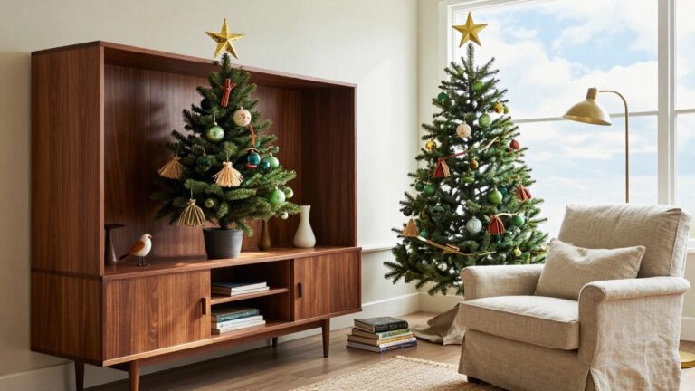25 Sustainable Christmas Ornament Ideas That Still Feel Luxurious Living room corner with a tall decorated Christmas tree topped by a gold star, featuring green glass balls, gold ornaments, fabric tassels in rust and beige, a white bird figure, beside a beige armchair, wooden sideboard, and floor lamp.