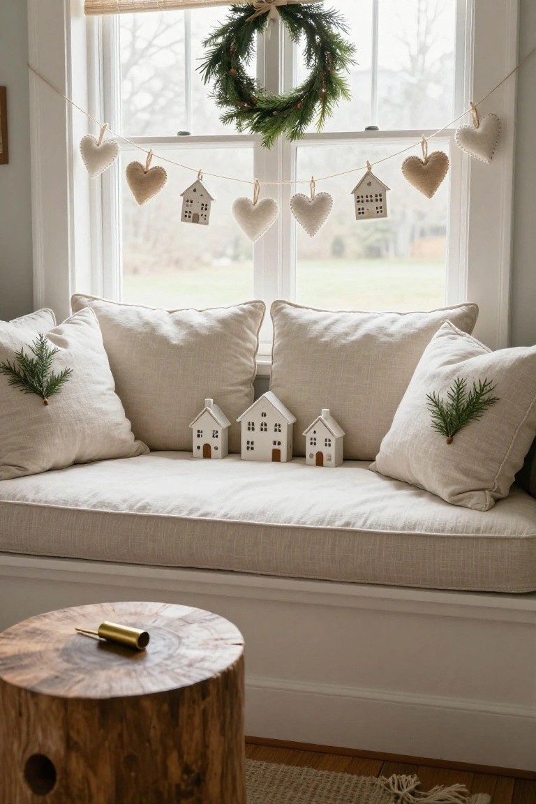 Beige window seat with linen cushions holding small white ceramic houses and fir branches, a twine garland of white and beige felt hearts and houses hanging above the window, evergreen wreath on the window, and a wooden stool with brass object nearby.