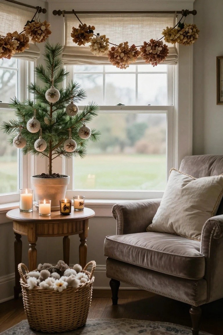 Small potted Christmas tree in a white ceramic pot decorated with white felt ball ornaments embroidered as spiders and bees, placed by a window with dried hydrangea garland, candles on a round wooden table, velvet armchair, and woven basket of wool balls on the floor.