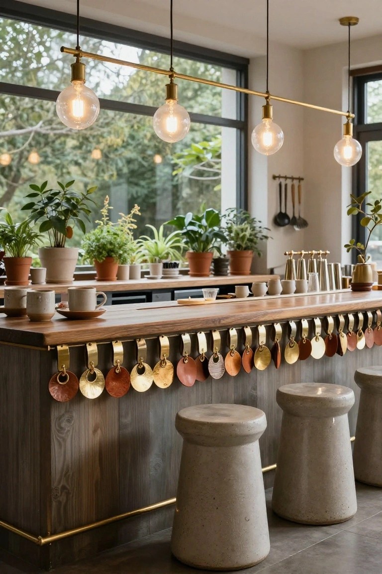 Modern kitchen bar counter with wood top edged in dangling gold and terracotta brass and leather discs, flanked by concrete stools, potted plants, hanging pendant lights, and large windows showing greenery.