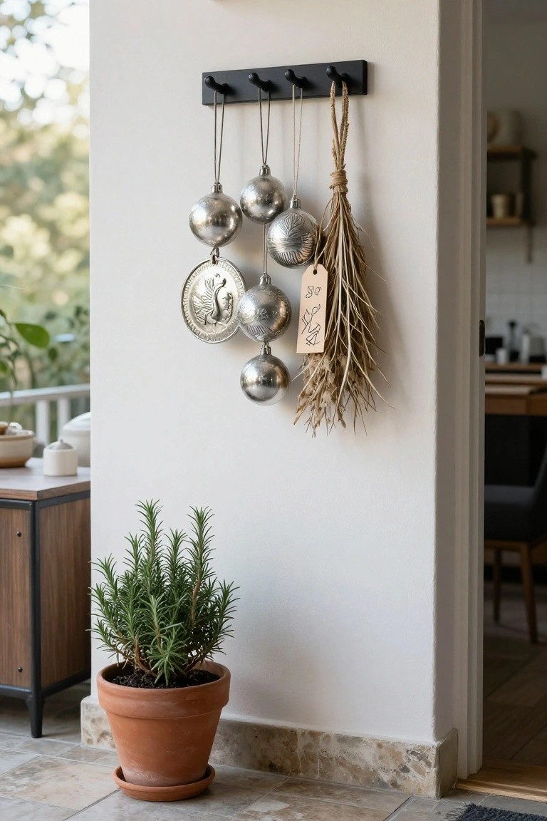 Black wooden hook rack mounted on white wall holding silver metallic baubles, engraved medallion ornament, and dried wheat bundle with paper tag, beside terracotta pot of rosemary plant on tiled floor next to wooden side table.