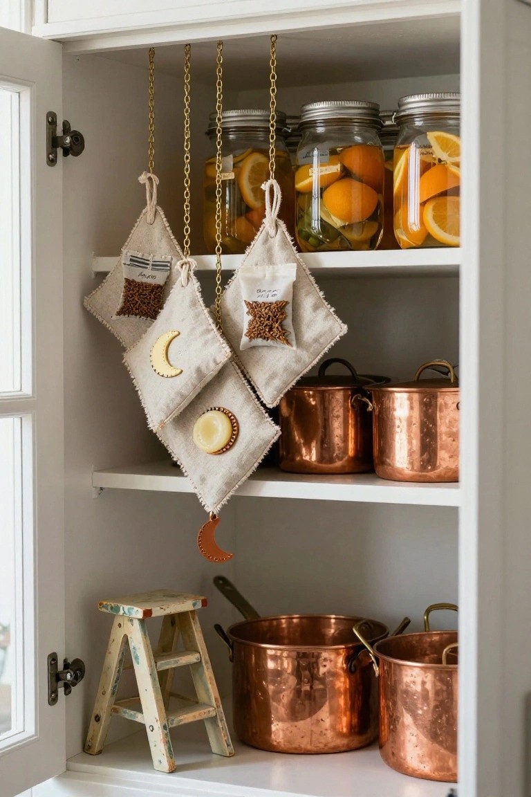 Open white kitchen cabinet interior with three hanging beige linen sachets filled with spices and decorated with brass moons, jars of preserved oranges and lemons on upper shelf, copper pots on lower shelves, and a small painted wooden step stool at the bottom.
