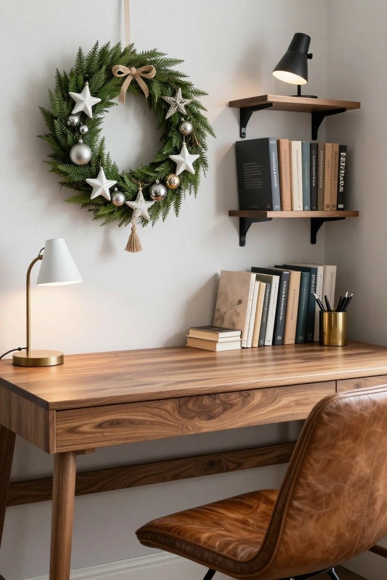 A Christmas wreath of green ferns decorated with white ceramic stars, metallic balls, a bow, and tassel hangs on a white wall above a wooden desk with a leather chair, flanked by bookshelves, lamps, and books in a home office.