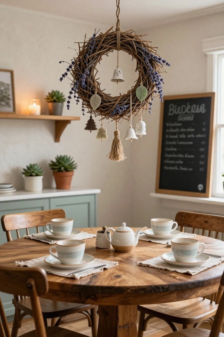 Cozy interior dining room with round twig wreath decorated with dried lavender, bells, and felt ornaments hanging from ceiling above wooden round table set with white teacups, saucers, teapot, salt shaker, plants on shelves, and chalkboard menu on wall.
