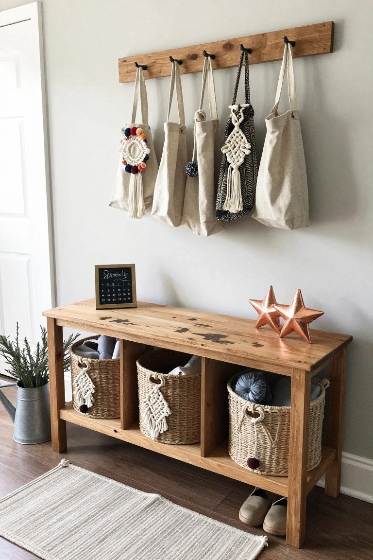 Wooden wall-mounted rack with hooks holding several canvas tote bags decorated with white and colorful macrame dreamcatchers, tassels, and pom poms, above a distressed wood bench holding seagrass baskets, copper star sculptures, and a small framed December calendar in an entryway.