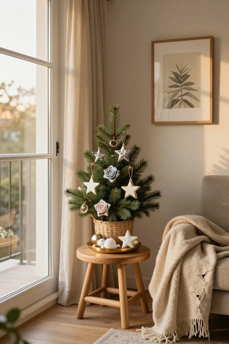 Small Christmas tree with stars and flowers on wooden stool.