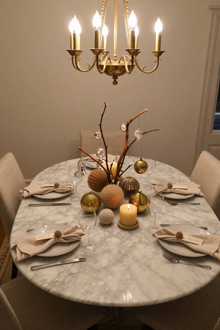 Overhead view of a round white marble dining table set with beige linen napkins tied with pom-pom rings, white plates, silverware, wine glasses, and a centerpiece of beige twigs adorned with hanging gold and clear spherical ornaments, textured beige spheres, and beige pillar candles, under a brass five-light chandelier in a beige-walled room with beige upholstered chairs.